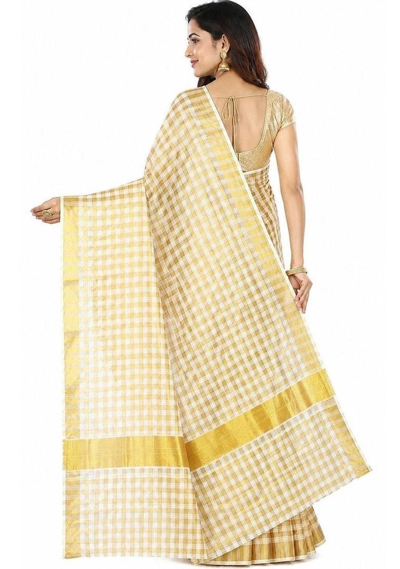 Cream Checked Cotton Saree Set - Indya