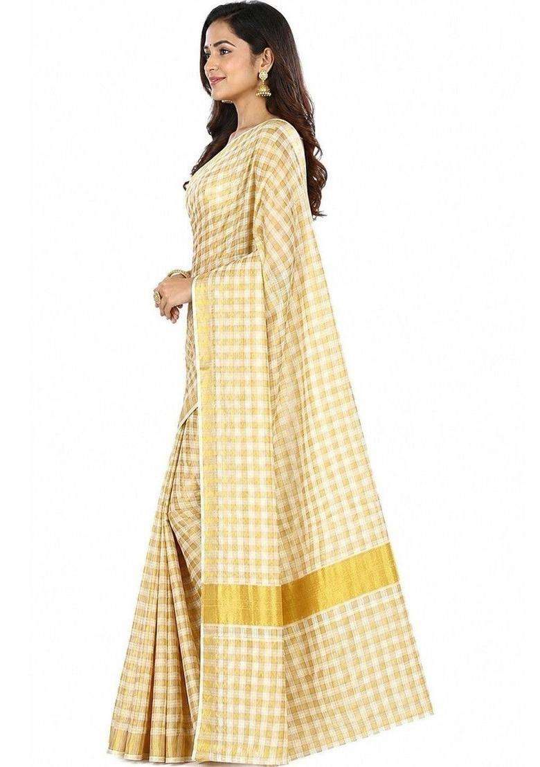 Cream Checked Cotton Saree Set for Diwali and Festive Wear - Indya