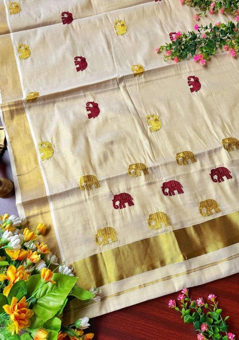 Cream Embroidered Tissue Saree Set - Indya