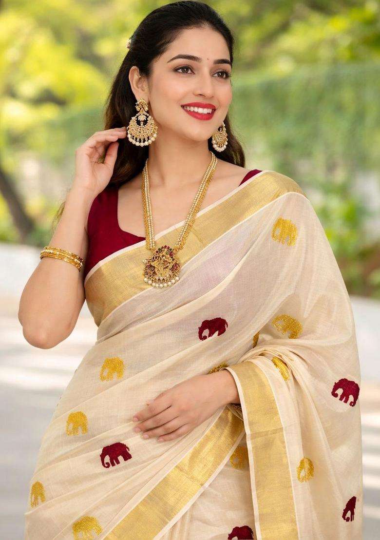 Cream Embroidered Tissue Saree Set for Diwali and Festive Wear - Indya