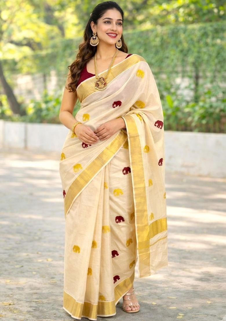 Cream Embroidered Tissue Saree Set - Indya