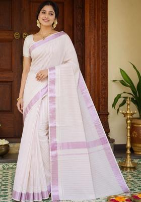 Off White Striped Cotton Saree Set