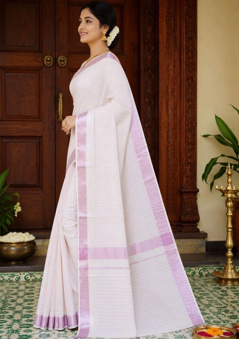 Off White Striped Cotton Saree Set - Indya