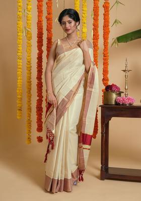 Cream Solid Tissue Saree Set