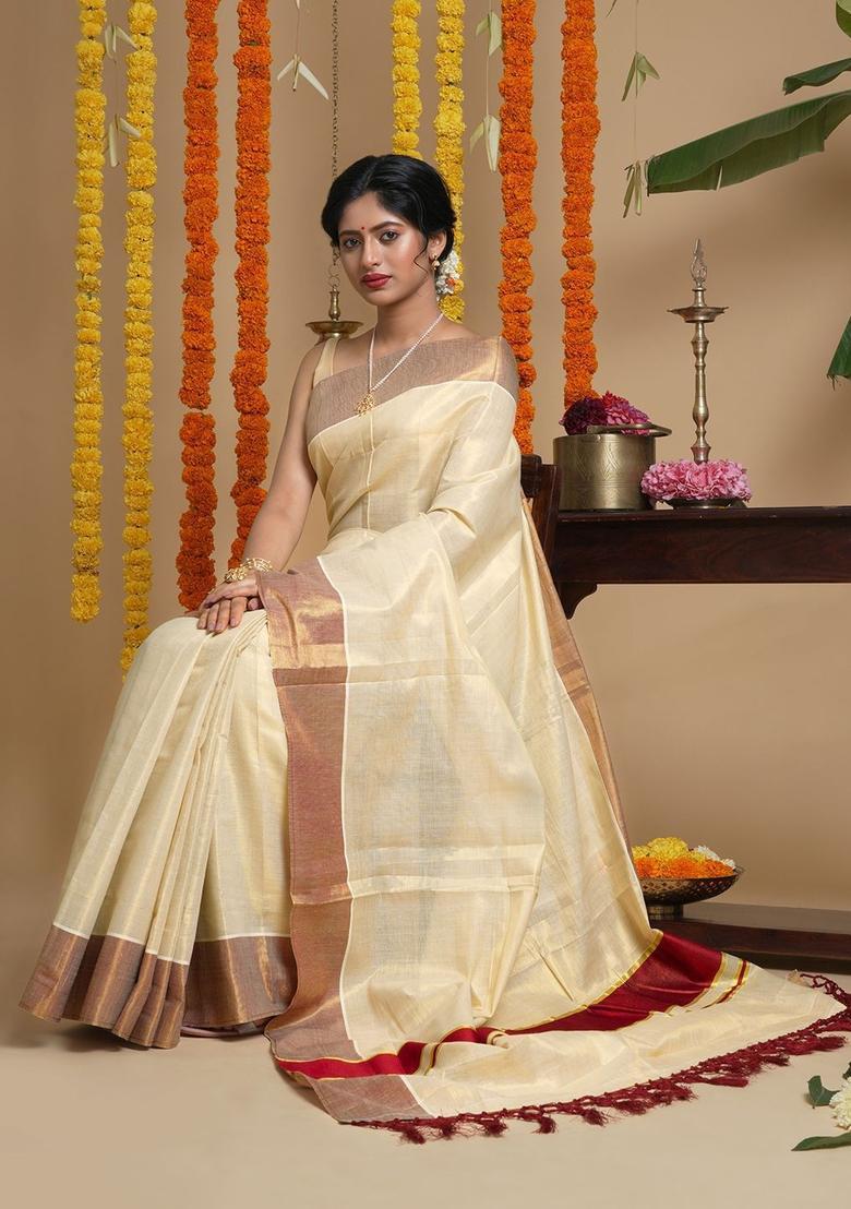 Cream Solid Tissue Saree Set - Indya