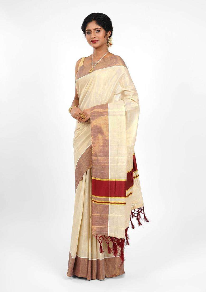 Cream Solid Tissue Saree Set for Diwali and Festive Wear - Indya