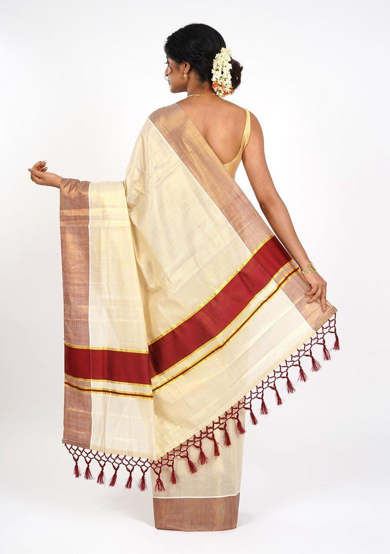 Cream Solid Tissue Saree Set - Indya
