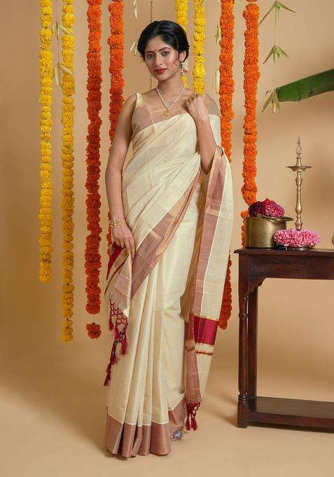 Cream Solid Tissue Saree Set for Diwali and Festive Wear