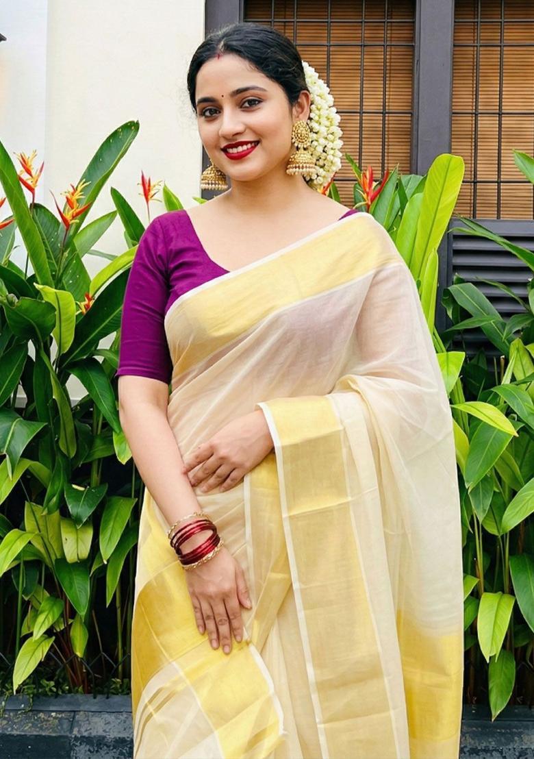 Off White Solid Tissue Saree Set - Indya