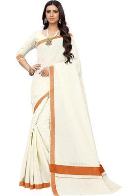 Off White Solid Cotton Saree Set