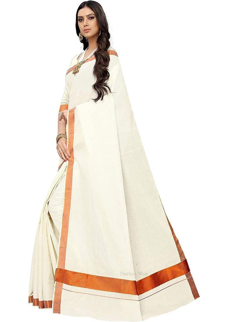Off White Solid Cotton Saree Set - Indya