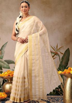 Off White Woven Design Silk Saree Set