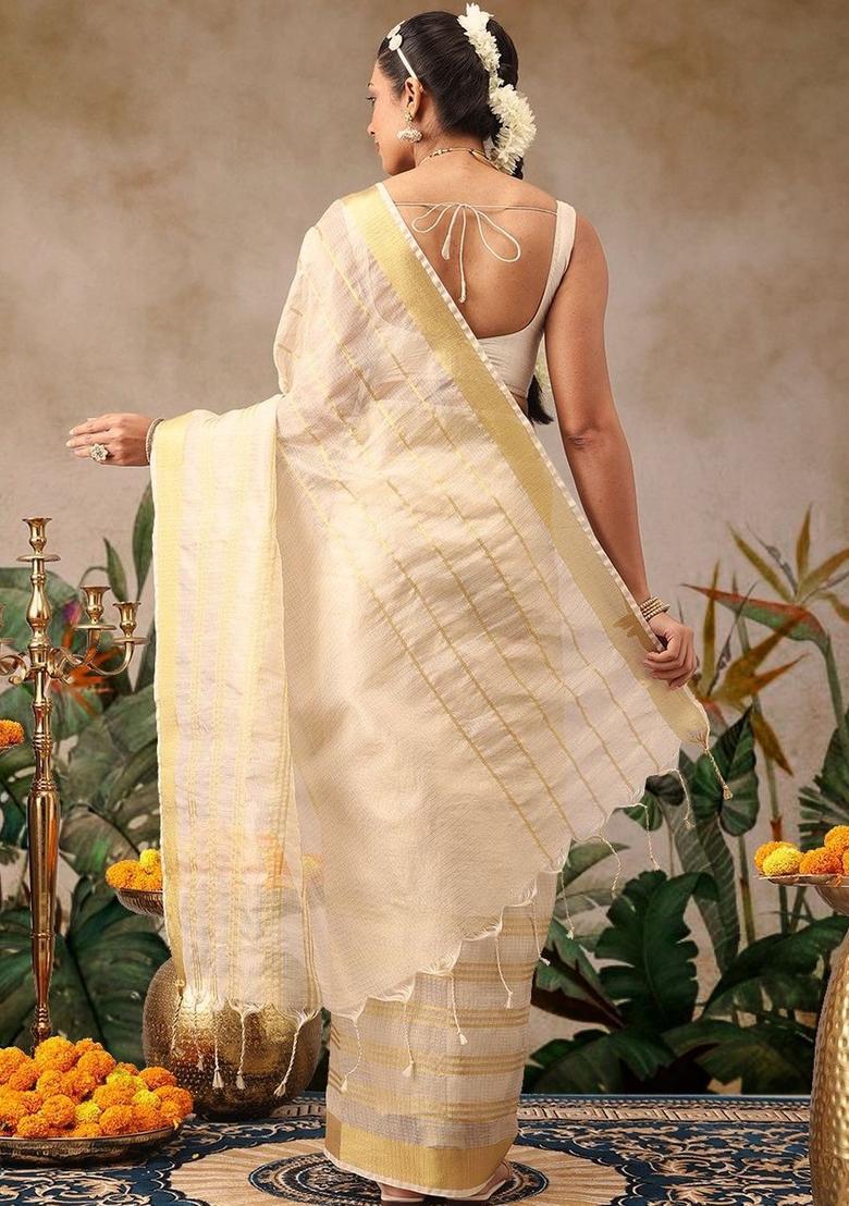 Off White Woven Design Silk Saree Set - Indya