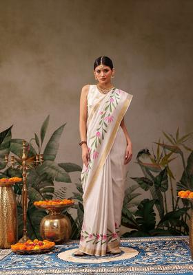 Off White Printed Silk Saree Set