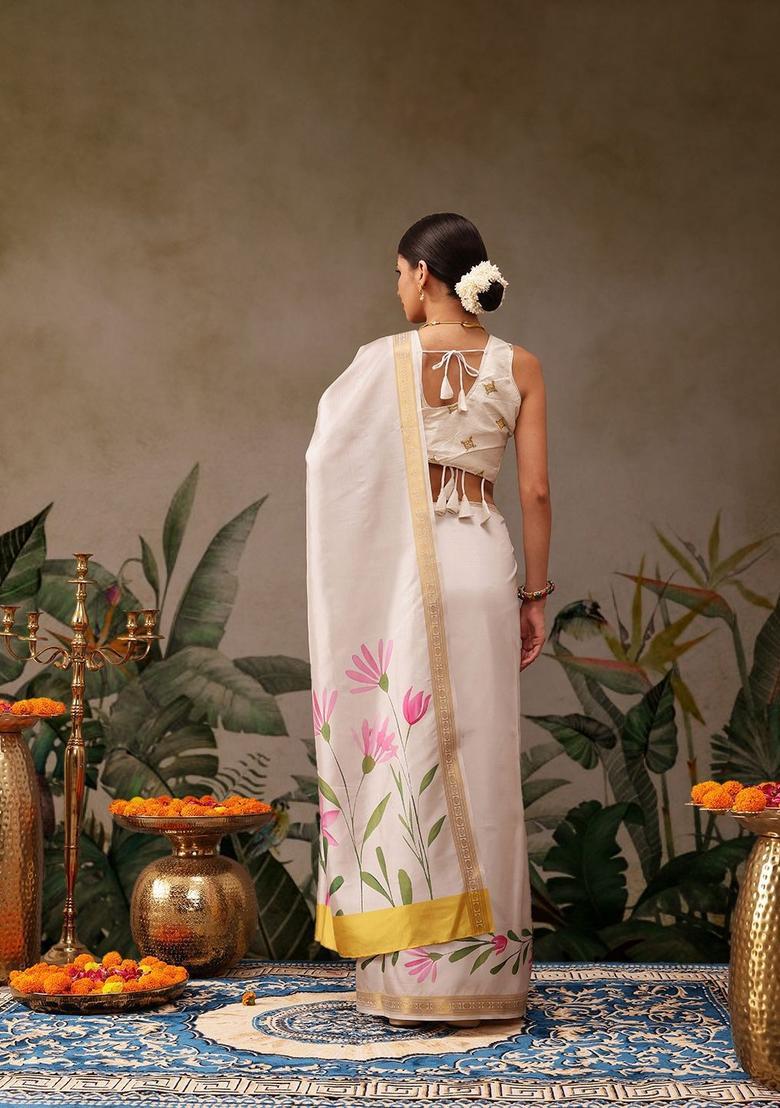Off White Printed Silk Saree Set - Indya