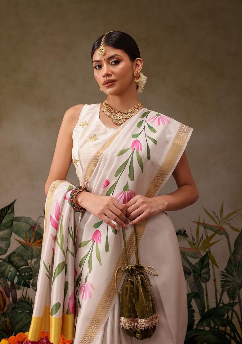 Off White Printed Silk Saree Set - Indya