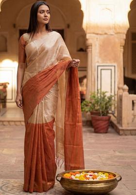 Beige Woven Design Tissue Saree Set