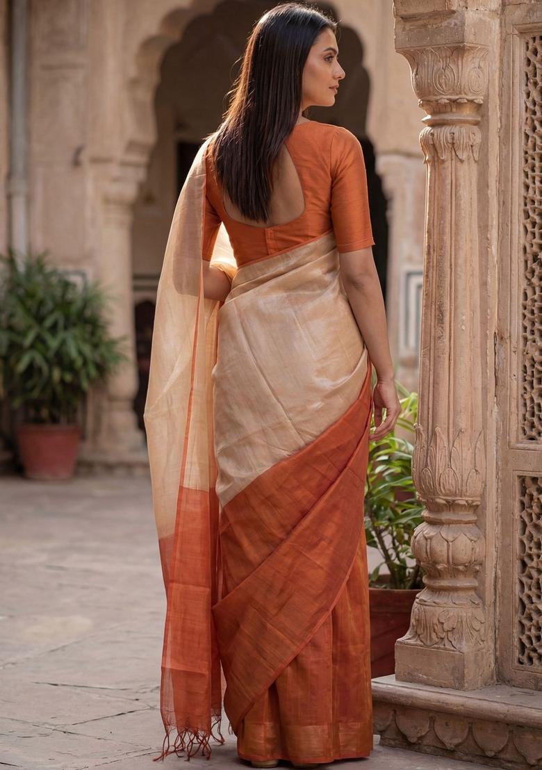 Beige Woven Design Tissue Saree Set - Indya
