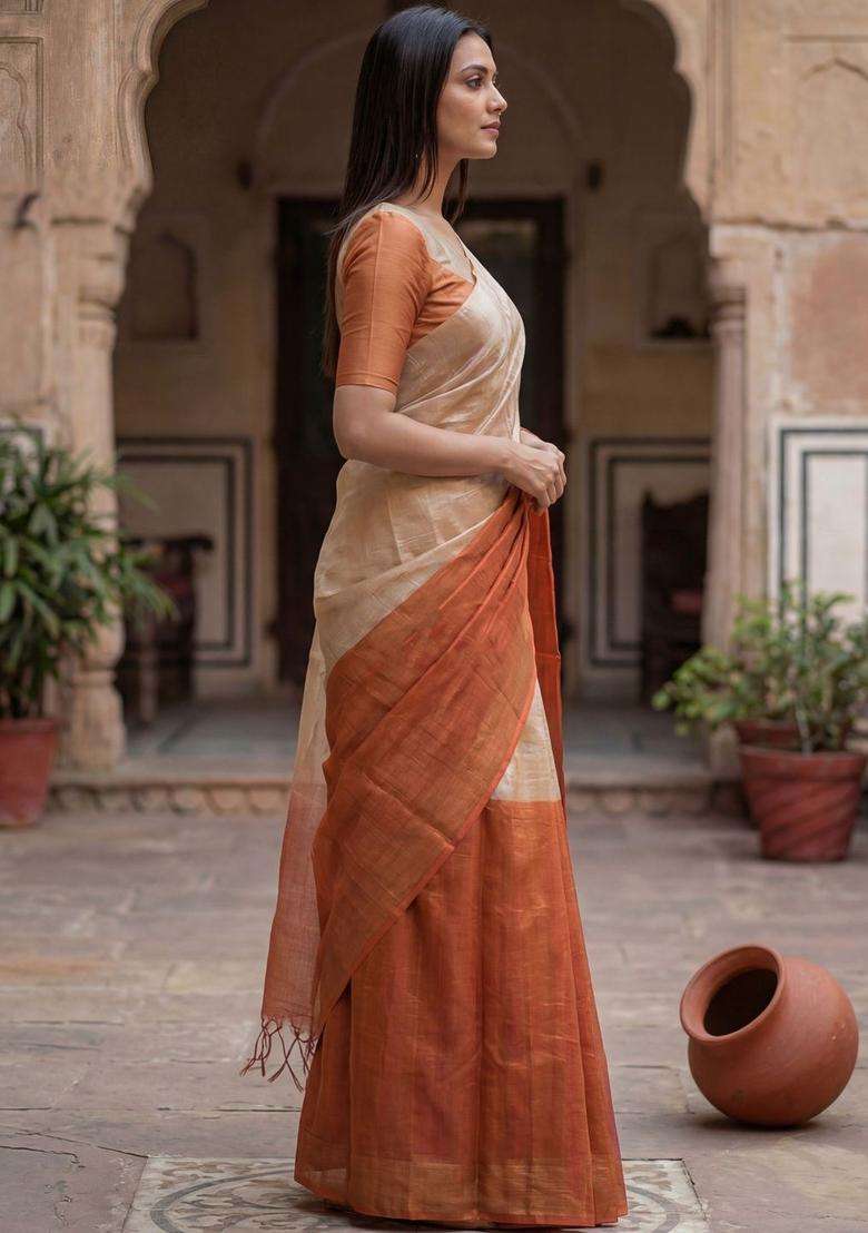 Beige Woven Design Tissue Saree Set for Diwali and Festive Wear - Indya