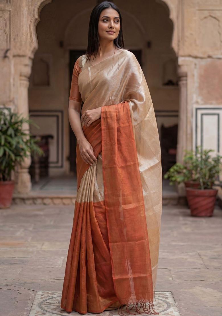 Beige Woven Design Tissue Saree Set - Indya