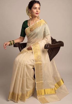 Off White Striped Tissue Saree Set