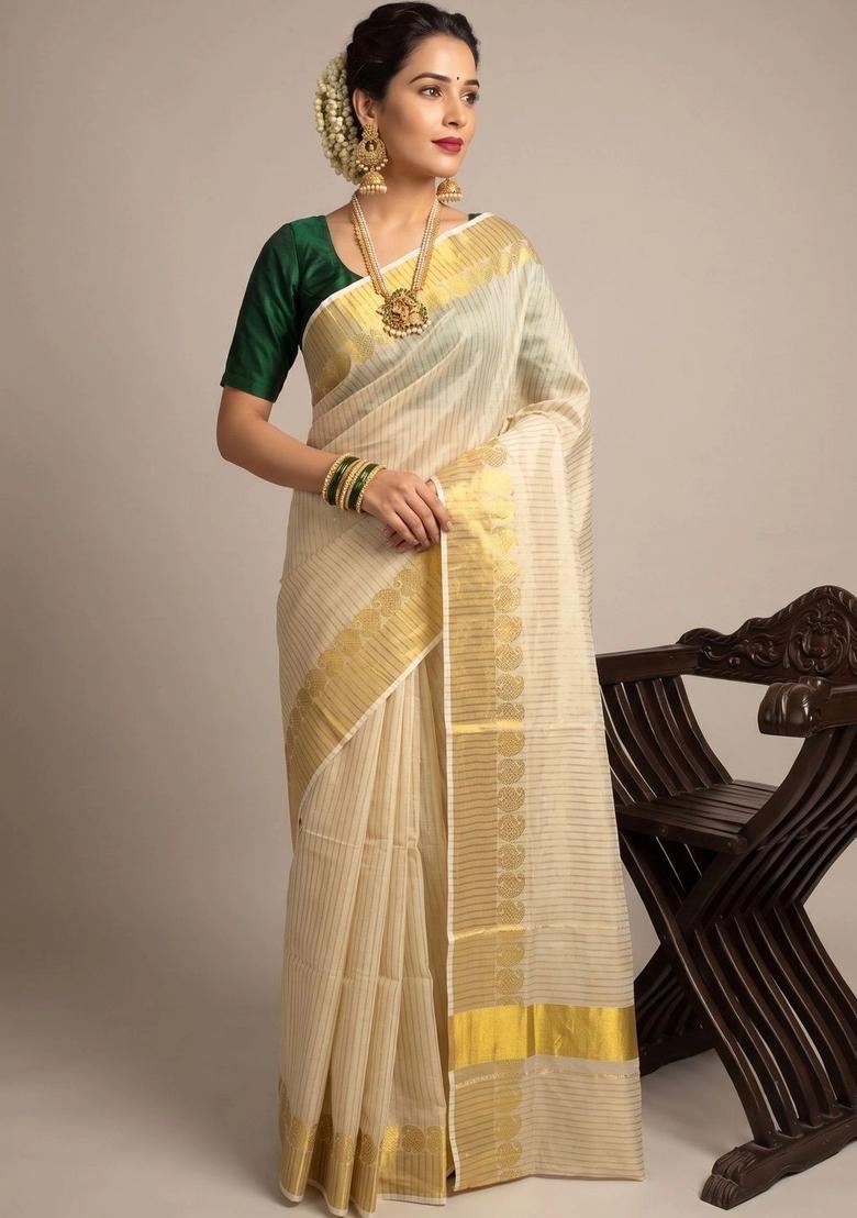 Off White Striped Tissue Saree Set - Indya