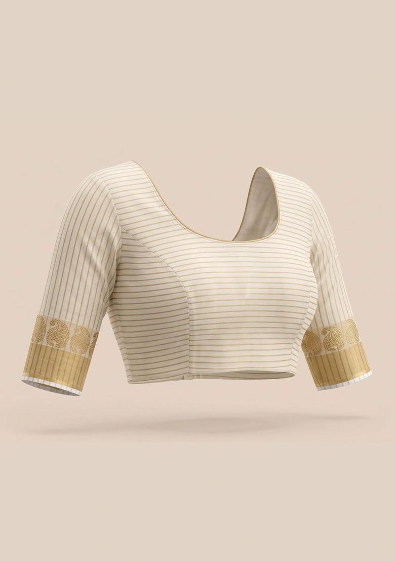 Off White Striped Tissue Saree Set - Indya