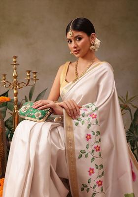 White Printed Silk Saree Set