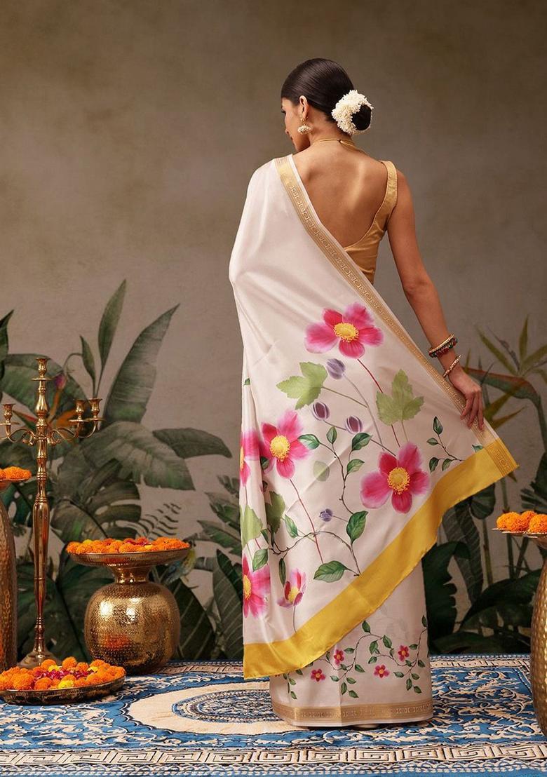 White Printed Silk Saree Set - Indya