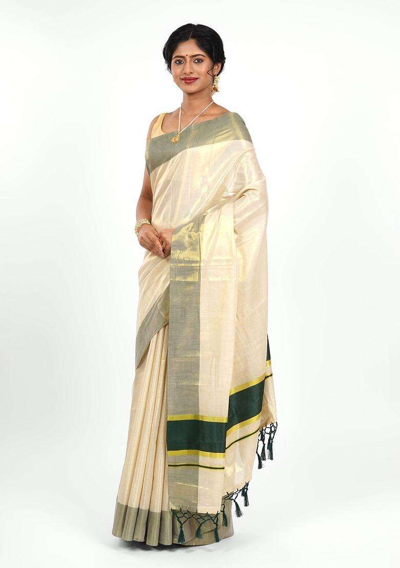 Cream Solid Tissue Saree Set for Diwali and Festive Wear - Indya