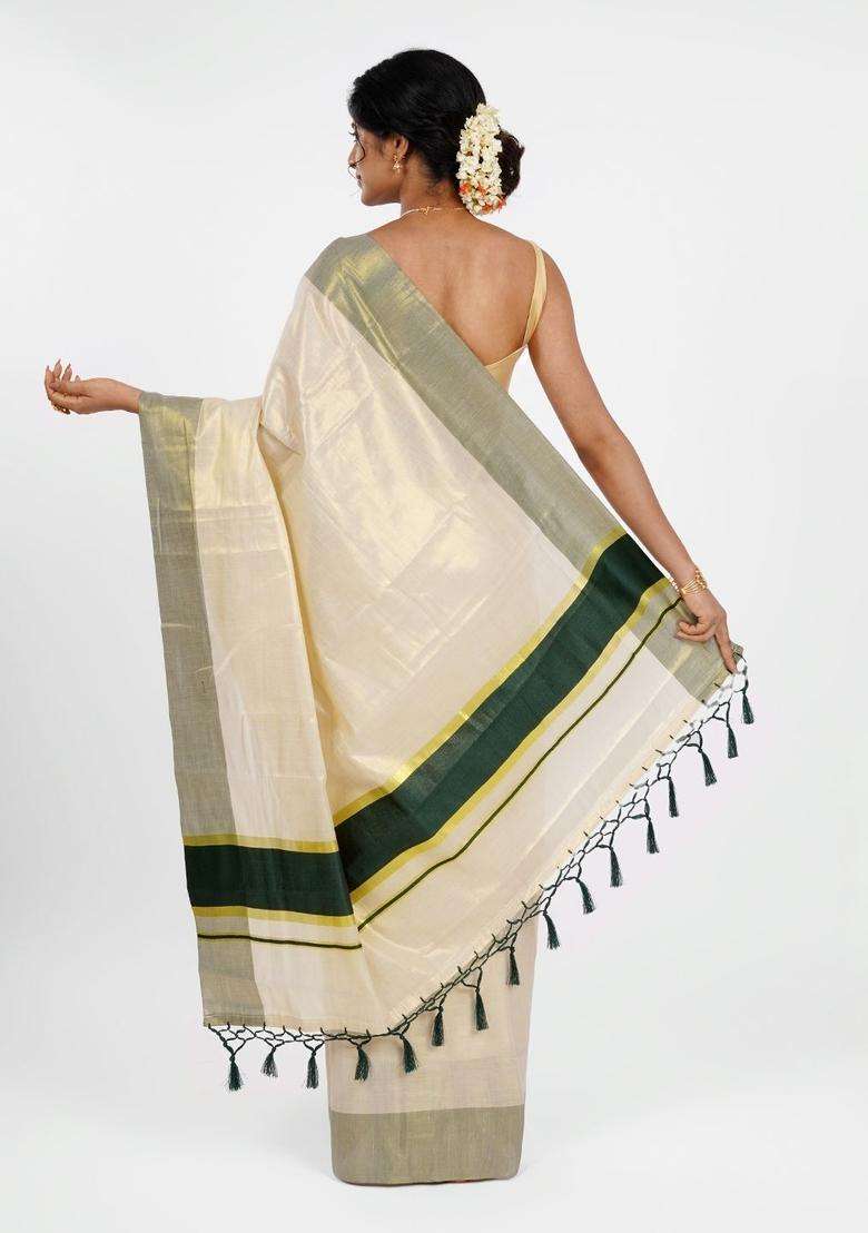 Cream Solid Tissue Saree Set for Diwali and Festive Wear - Indya
