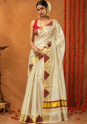 Off White Solid Tissue Saree Set