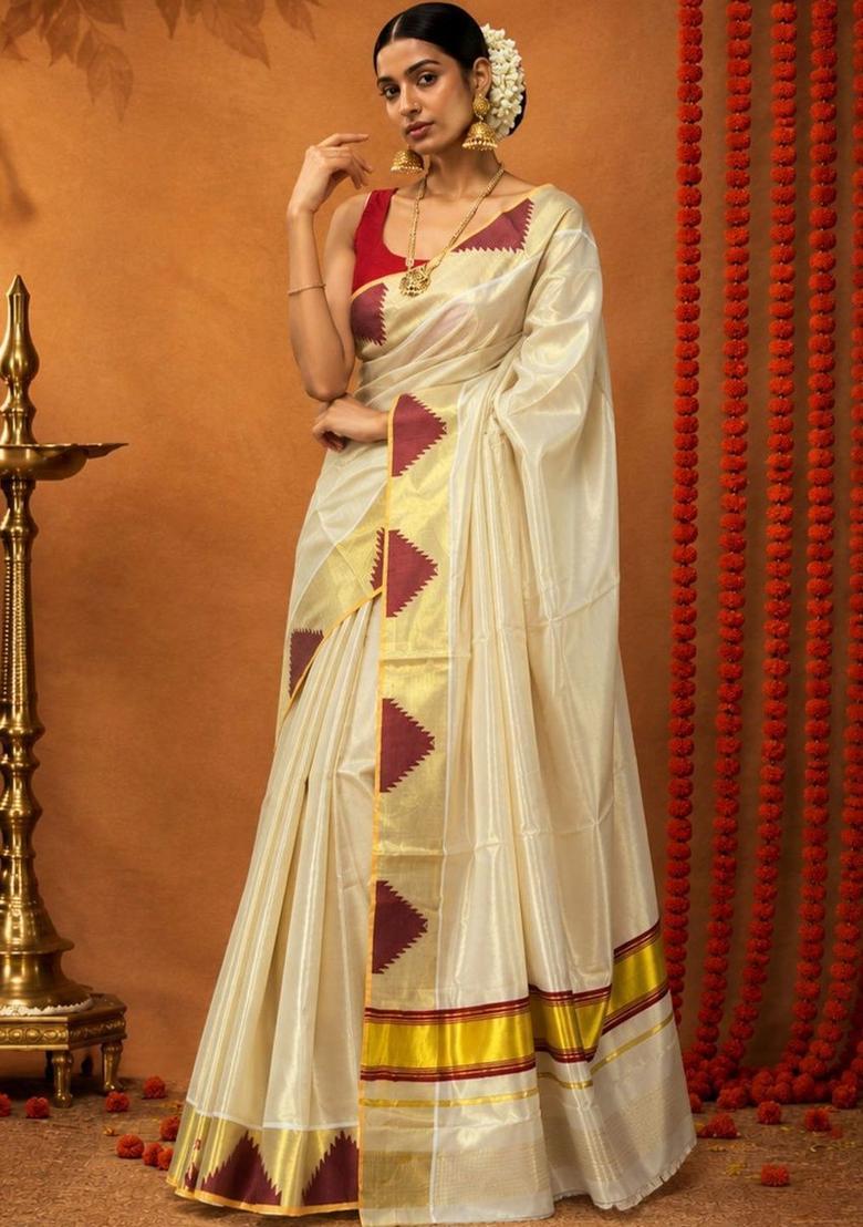 Off White Solid Tissue Saree Set - Indya