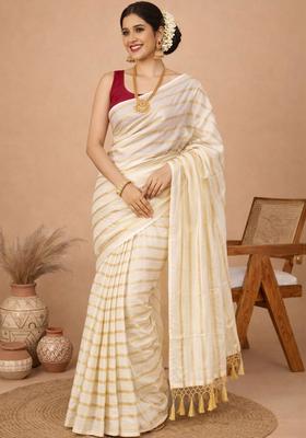 Off White Striped Cotton Saree Set