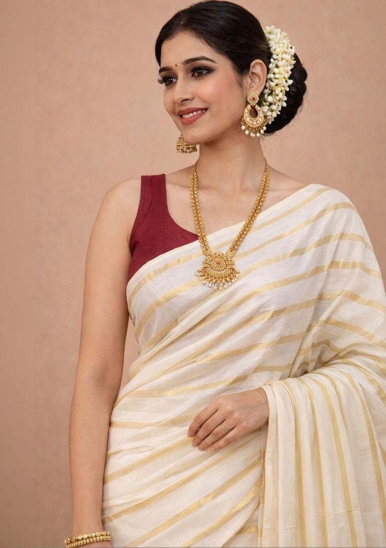 Off White Striped Cotton Saree Set - Indya