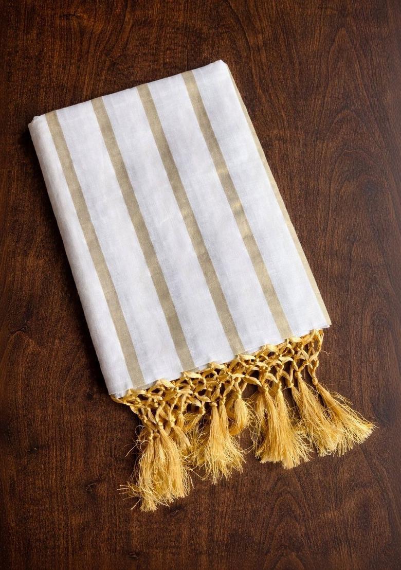 Off White Striped Cotton Saree Set - Indya