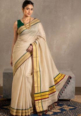 Cream Striped Tissue Saree Set