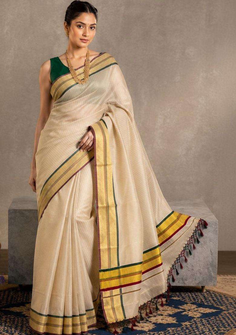 Cream Striped Tissue Saree Set for Diwali | Wedding & Festive Wear - Indya