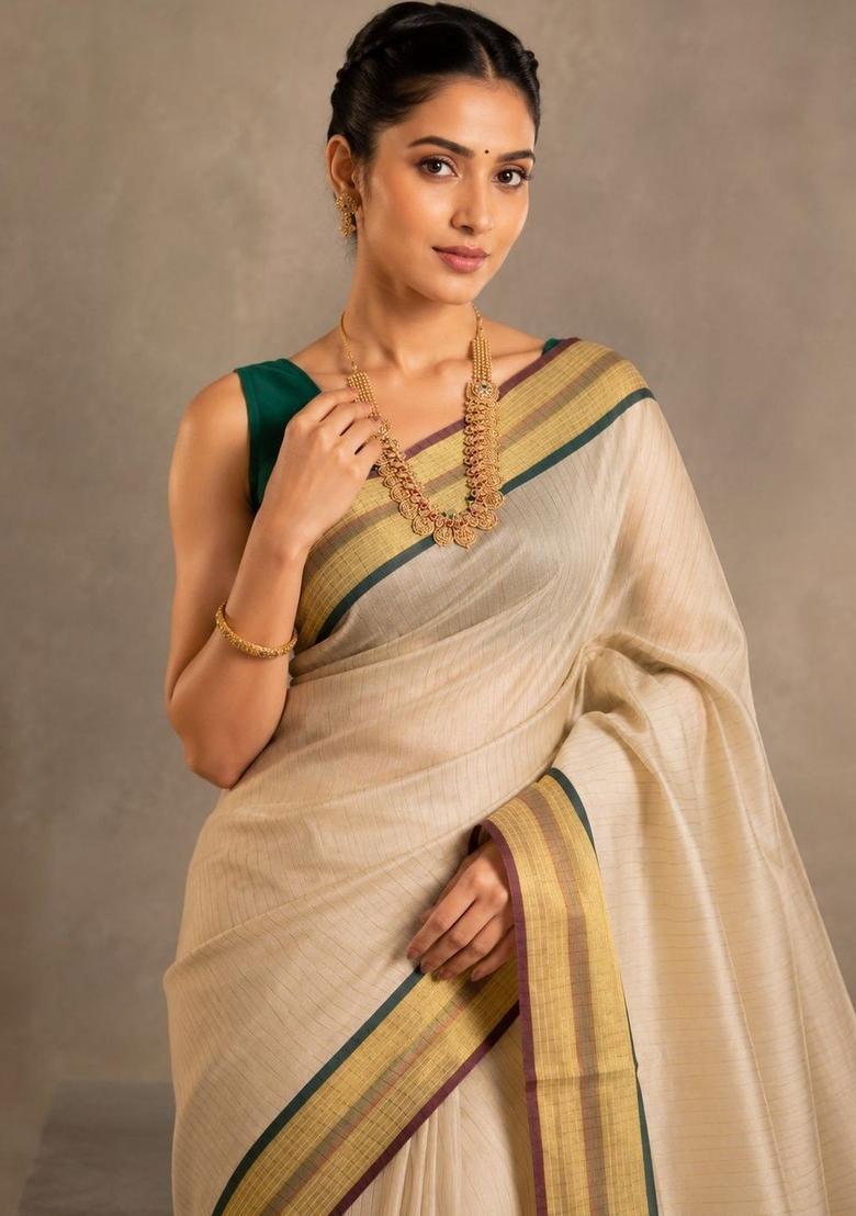 Cream Striped Tissue Saree Set - Indya