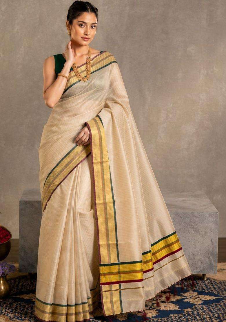 Cream Striped Tissue Saree Set for Diwali | Wedding & Festive Wear - Indya