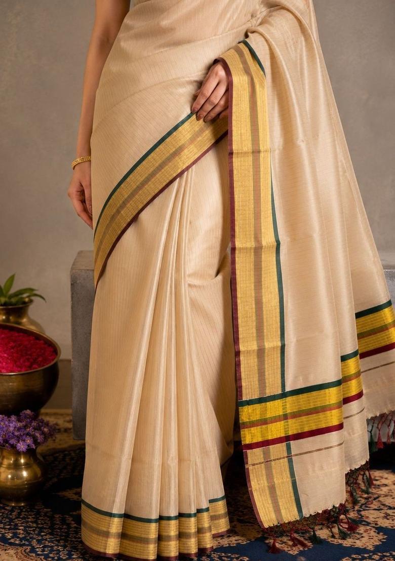 Cream Striped Tissue Saree Set - Indya
