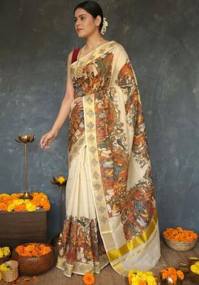 Cream Printed Cotton Saree Set