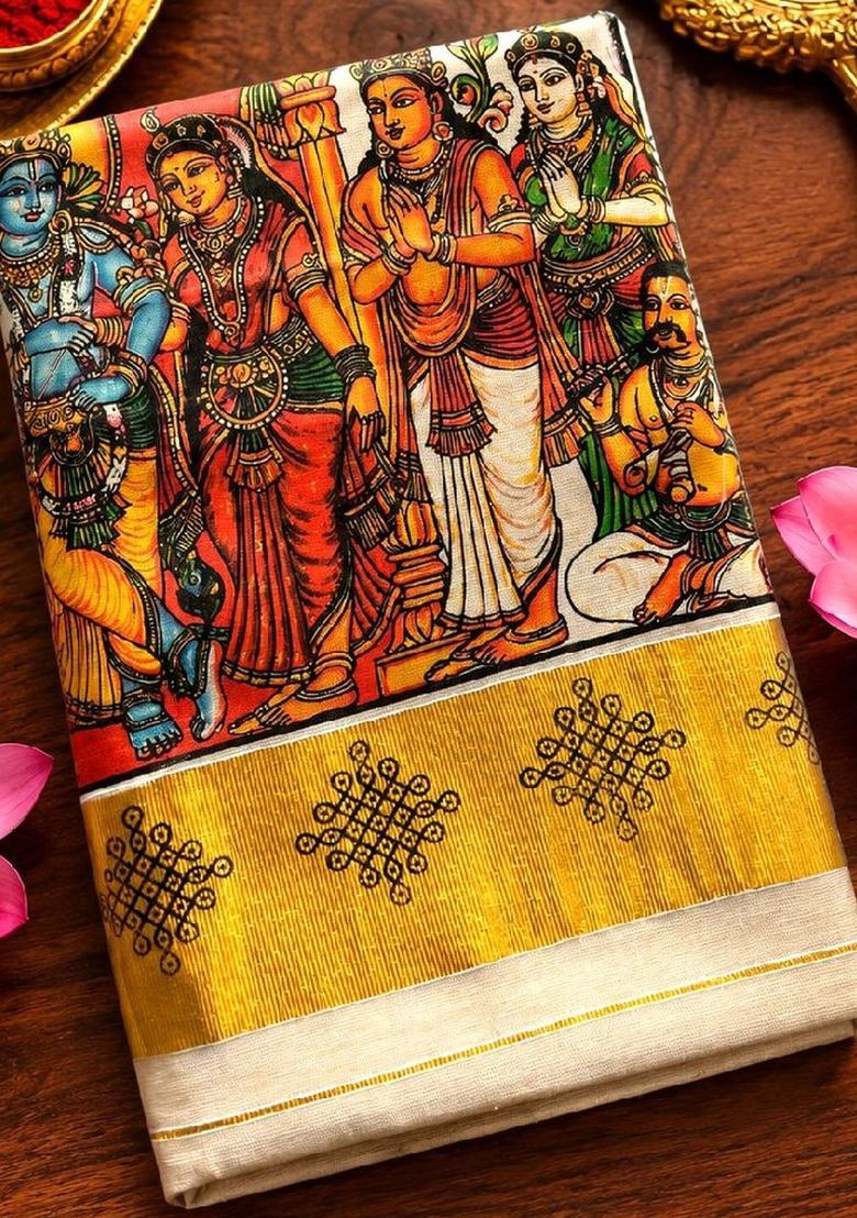 Cream Printed Cotton Saree Set - Indya