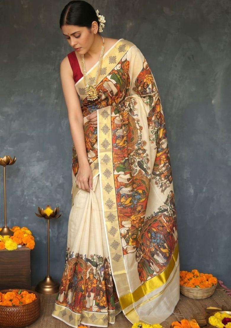 Cream Printed Cotton Saree Set for Diwali and Festive Wear - Indya
