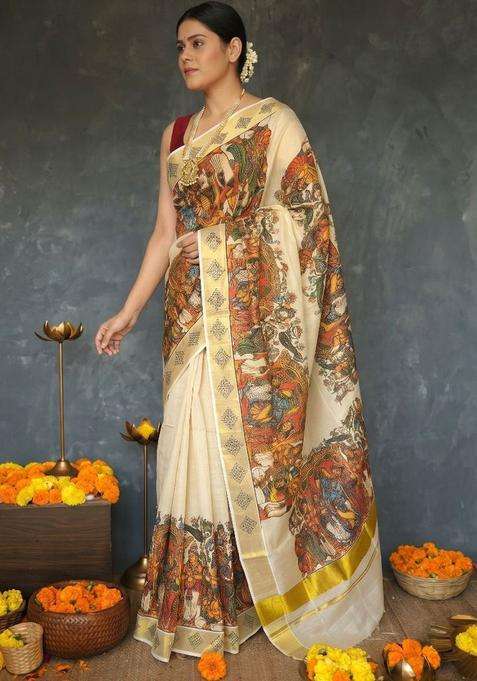 Cream Printed Cotton Saree Set for Diwali and Festive Wear