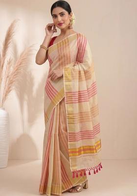 Cream Striped Tissue Saree Set