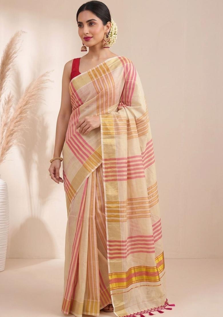 Cream Striped Tissue Saree Set - Indya