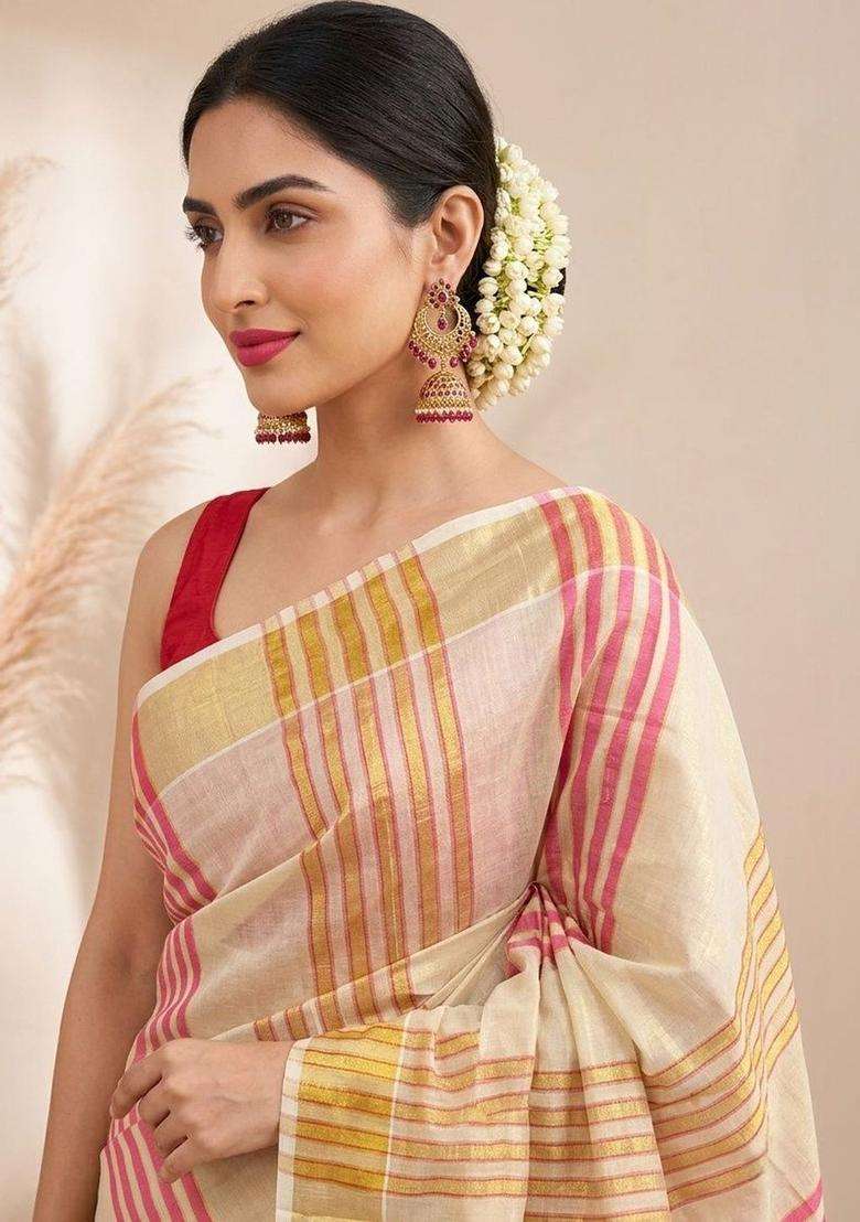 Cream Striped Tissue Saree Set for Diwali and Festive Wear - Indya