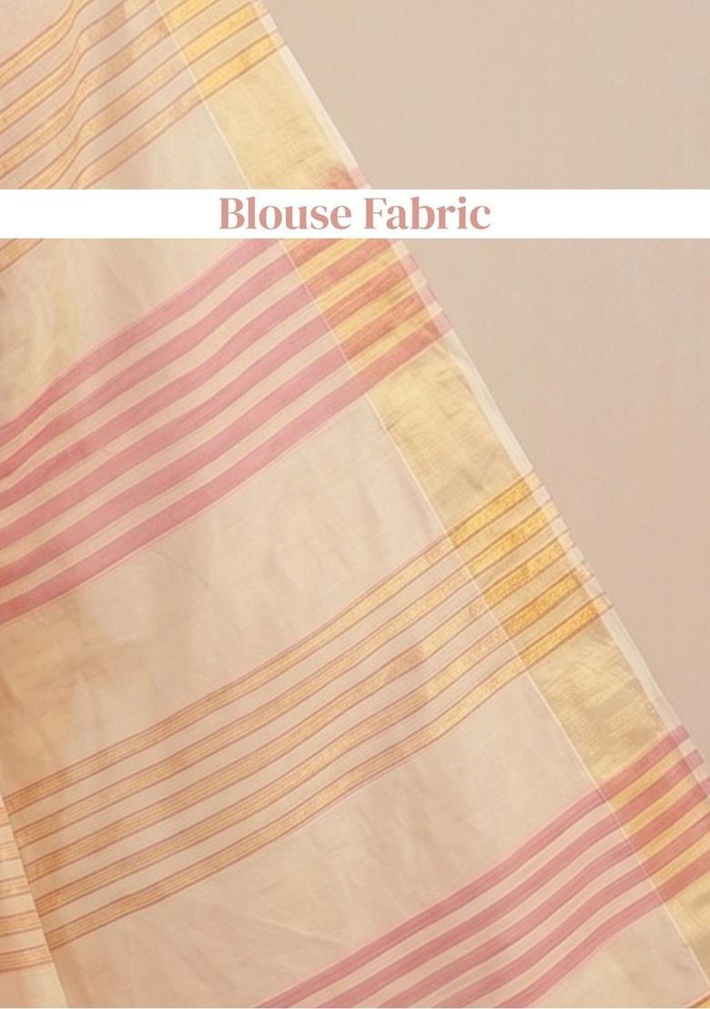 Cream Striped Tissue Saree Set - Indya