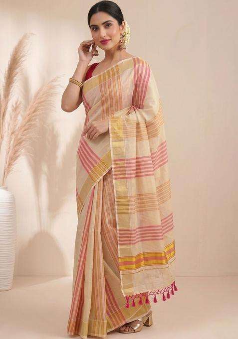 Cream Striped Tissue Saree Set for Diwali and Festive Wear